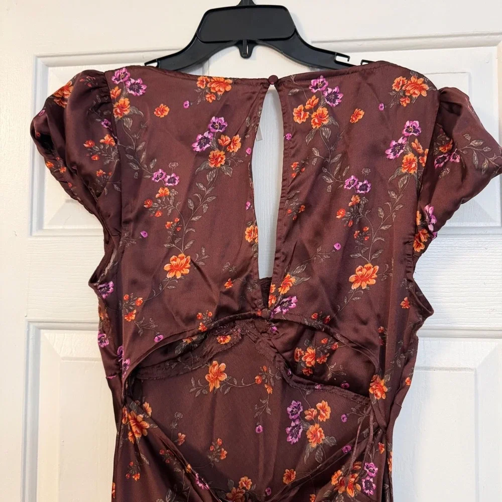 Free People Morning Dove Floral Lace Trim Satin Maxi Dress Brown Womens Medium M